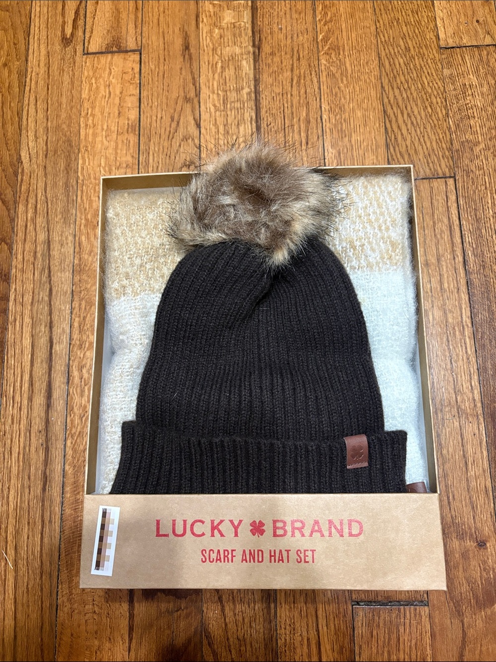 Lucky Brand Women’s Dark Brown Pom Pom Knit Hat and Scarf